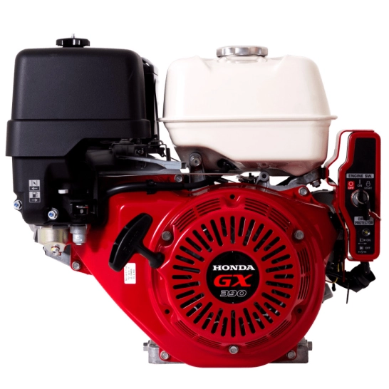 Motor a gasolina HONDA GX390H2 de 13.0 hp, color rojo y negro, con tanque de combustible blanco. Válido para aplicaciones de alto rendimiento, como generadores y soldadores.