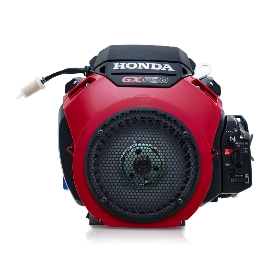 Motor estacionario HONDA GX630RH V-Twin de 20.8 hp, color rojo y negro, con filtro de aceite azul. Diseño a 90° para aplicaciones de alto rendimiento profesional