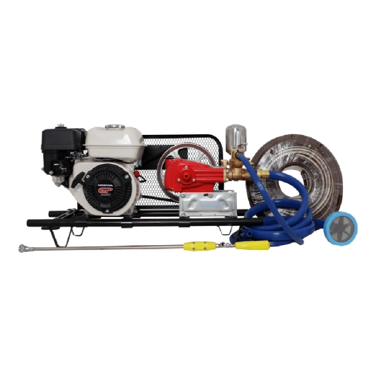 Fumigadora TS28-GP200 con motor Honda GP200 OHV, presión máxima 500 PSI y caudal de 28–40 LPM para aplicaciones agrícolas de aspersión.