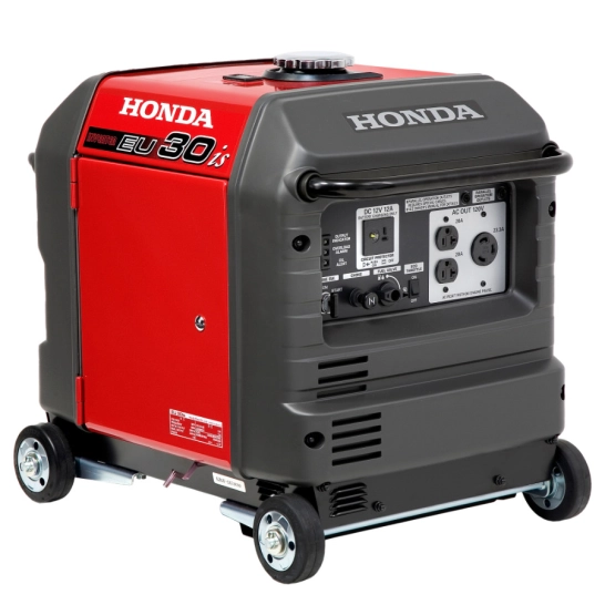 Generador portátil inverter Honda EU30i de 3kW, color rojo y gris, con ruedas y carcasa insonorizada, motor GX200 y sistema de arranque eléctrico.
