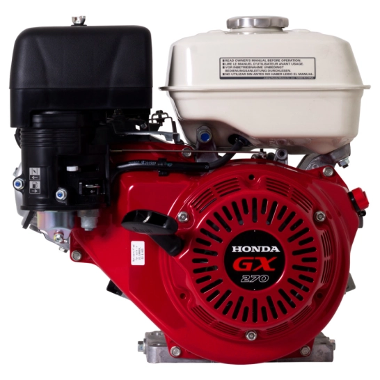 Primer plano del motor estacionario HONDA GX270 en color rojo y negro con el logo GX270, ideal para equipos de construcción y aplicaciones industriales.