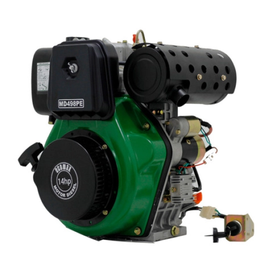 Motor diésel Ecomax MD498PE de 14Hp color verde con inyección directa y arranque eléctrico para uso industrial y agrícola.