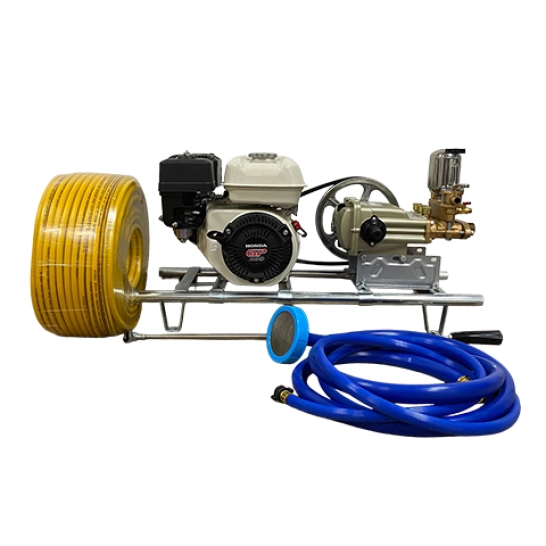 Fumigadora TS60-GP200 con motor Honda GP200 OHV, presión máxima 500 PSI y caudal de 33 LPM para aplicaciones agrícolas de aspersión.