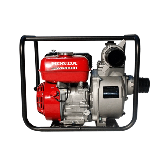 Motobomba autocebante HONDA WB30XH2 DR con motor GX160  en chasis negro. Diseño de 3 pulgadas  con caudal máximo de 1100 litros por minuto.